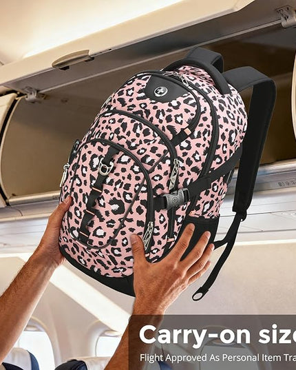 Swissdigital Laptop Backpack with USB Charging Port, Travel Backpack Fits 15.6 inches Computer, 31L Backpack for Women, Pink Leopard | SD803-102