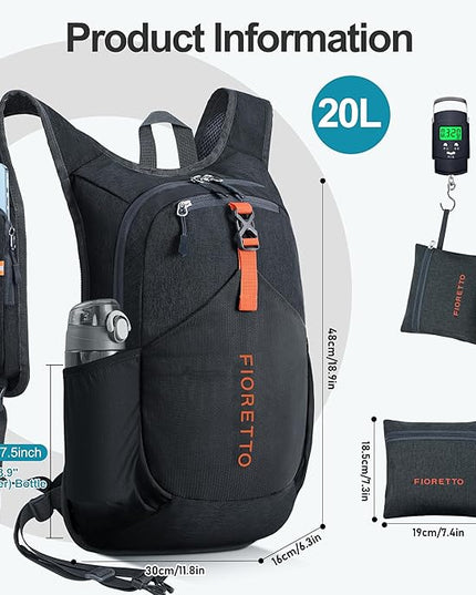 FIORETTO 20L Hiking Backpack for Women Men Mini Packable Backpack Lightweight Small Daypack for Camping Travel Outdoor, Black