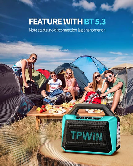 Powerful 80W Outdoor Bluetooth Speaker: IPX6 Waterproof, Rugged, 20H Playtime, Deep Bass, Lightshow, TWS, BT 5.3 Wireless, Portable for Travel Hiking Camping Beach Pool - Teal