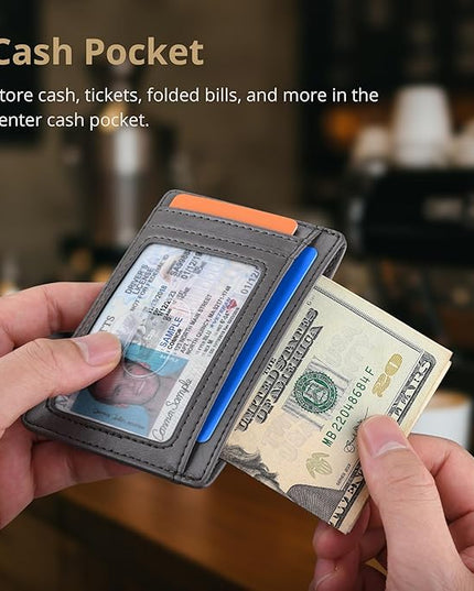 Buffway Slim Minimalist Front Pocket RFID Blocking Leather Wallets for Men and Women - Alaska Grey