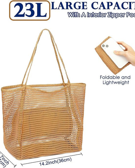 Mesh Beach Bag, Large Beach Tote with Zipper Pocket, Toys Pool Bag for Family Travel Vacation Cruise Essentials