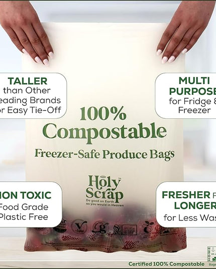 100% Compostable Produce Freezer Bags 3 Gallon Size - 100 Pack - Freezer Safe Bag for Food Storage, Eco Friendly, Plant Based Recyling Kitchen Storage Bags - BPI Certified, OK Compost Home