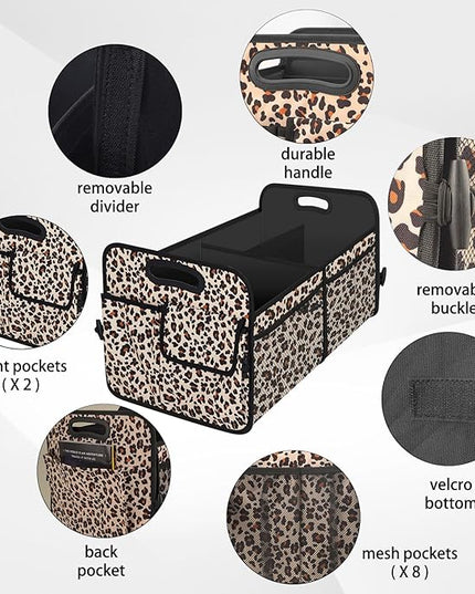 Trunk Organizer, Collapsible Trunk Organizers and Storage, Car Accessories for Women and Men, Multi-Compartment Trunk Storage Organizer for SUV, Car, Mini-Van, Leopard Print