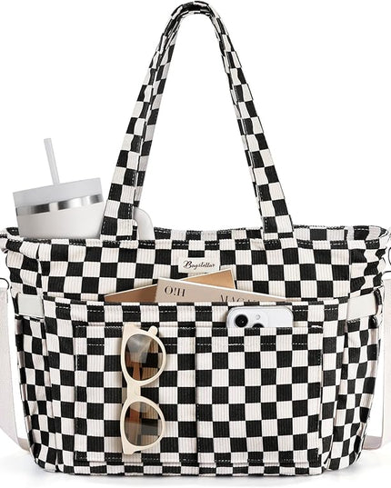 Corduroy Tote Bag for Women, 17 Pockets Laptop Work Tote Bag Lightweight Teacher Nurse Bible Bag for School Travel | with 40oz Cup Holder, Multi Compartment, Zipper Crossbody Bag, College Shoulder Bag, Daily Purse w/ Strap, Ideal Gift for Women