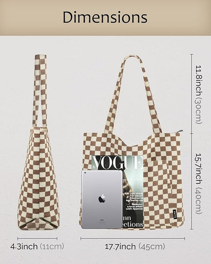 Prite Corduroy Tote Bag for Women Large Shoulder Bag with Zipper and Pockets for College Work Travel Shopping
