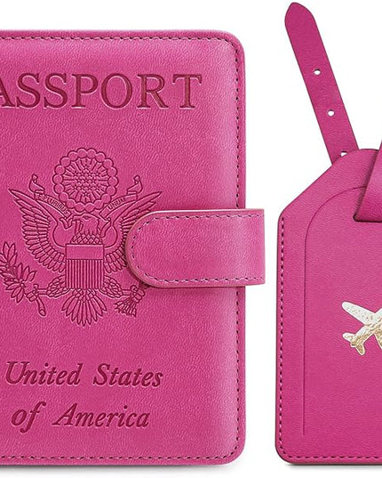 Passport Holder For Travel with Luggage Tag Cover – RFID Blocking Travel Passport Wallet Holder for Women/Family| PU Leather Passport Case with Extra Money Pocket/Magnetic Clasp, Pink