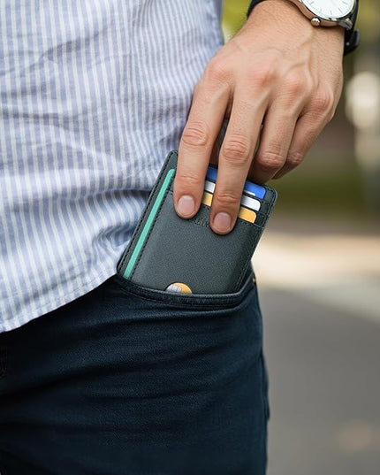 Buffway Slim Minimalist Front Pocket RFID Blocking Leather Wallets for Men and Women - Cross Blackish Green