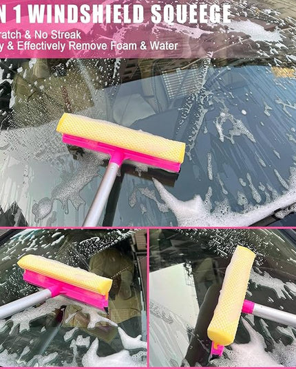 21Pcs Car Wash Kit,62" Car Wash Brush Mop with Long Handle,Car Cleaning Kit,Car Detailing Brush Set,Car Wash Bucket with Filter,Windshield Window Squeegee for Cars RV Truck Boat (Pink)