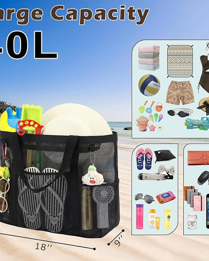 Mesh Beach Bag, Large Beach Tote with Zipper Pocket, Toys Pool Bag for Family Travel Vacation Cruise Essentials