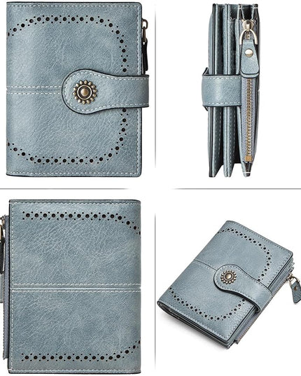 TFKGS Small RFID Blocking Wallet for Women - Leather Slim Bifold Compact Credit Card Holder With ID Window and Zipper Coin Pocket - Blue Birthday