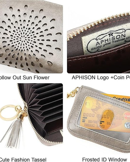 APHISON RFID Credit Card Holder Zipper Card Case Keychain Small Wallet for Women 1927 GRAY