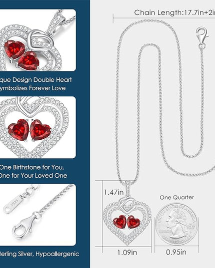 LOUISA SECRET Sparkling Double Heart Birthstone Necklaces for Women, 925 Sterling Silver Fine Jewelry, Pendant Heart Necklaces Birthday Anniversary Christmas Gift for Women Wife Mom Girlfriend Lady