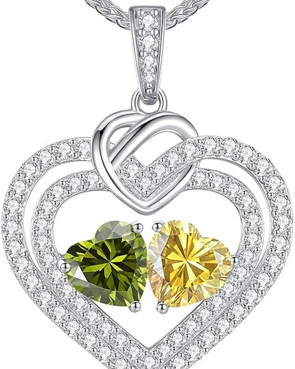 LOUISA SECRET Sparkling Double Heart Birthstone Necklaces for Women, 925 Sterling Silver Fine Jewelry, Pendant Heart Necklaces Birthday Anniversary Christmas Gift for Women Wife Mom Girlfriend Lady