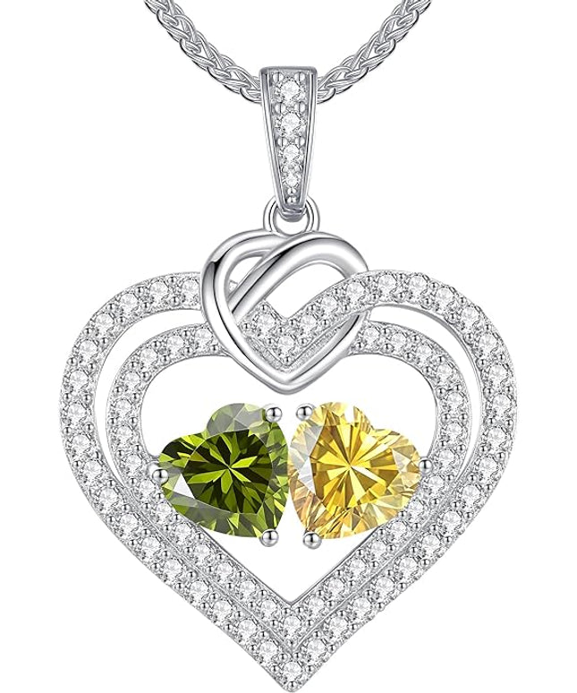 LOUISA SECRET Sparkling Double Heart Birthstone Necklaces for Women, 925 Sterling Silver Fine Jewelry, Pendant Heart Necklaces Birthday Anniversary Christmas Gift for Women Wife Mom Girlfriend Lady