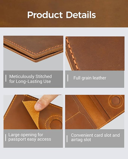 Passport Holder for Travel, Genuine Leather Passport Holder with Airtag, Rfid Passport Wallet Cover Case for Women Men, Travel Essentials Gift, Brown