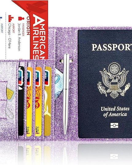 ACdream Passport Holder Cover, Leather Travel Wallet Case, RFID Blocking Document Organizer Protecrtor, with Slots for Credit Cards, Boarding Pass, for Women and Men, Glitter Purple