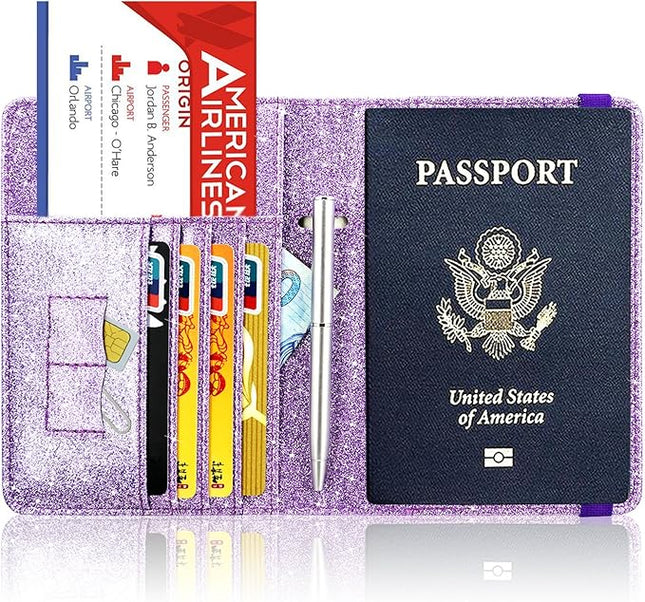 ACdream Passport Holder Cover, Leather Travel Wallet Case, RFID Blocking Document Organizer Protecrtor, with Slots for Credit Cards, Boarding Pass, for Women and Men, Glitter Purple