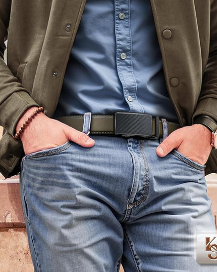 KEMISANT Men Belt 2 Pack, Leather Ratchet Belt Easy Click Slide For Men 1 3/8",Cut for Fit