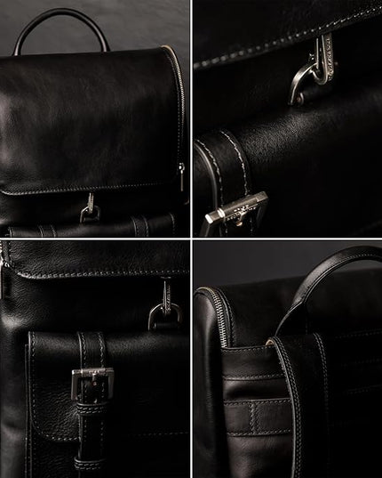 Time Resistance Leather Backpack - Laptop Travel Bag Rucksack up to 15” - Bag for Men and Women (Black)
