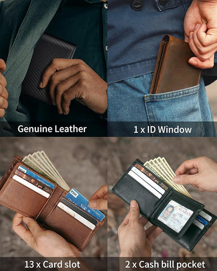 Artpaxy Mens Wallet Genuine Leather Bifold RFID Blocking Wallet for Men with 1 ID Window 13 Card Holders 2 cash pockets 1 Gift Box