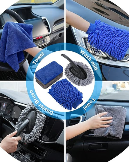 AUTODECO 33Pcs Car Wash Detailing Kit Cleaning Kits with Foam Gun Sprayer Brush Large Wash Mitt Towels Complete Interior Exterior Car Washing Supply Set Blue