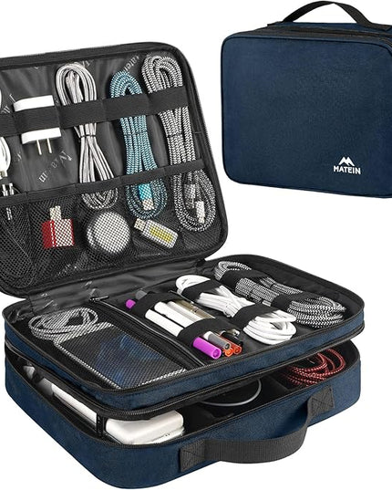 MATEIN Cord Organizer Travel for Men, Large Travel Accessories Changer Case for Cables, Cell Phone and Tablet (Up to 12.9inch), Portable Double Layers Cable Organizer Box, Navy Blue, Tech Gifts
