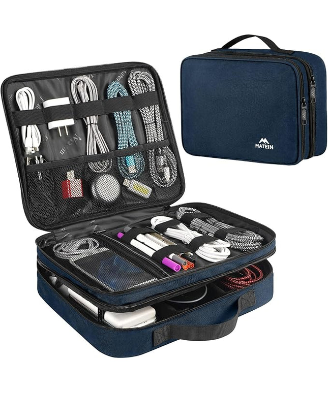 MATEIN Cord Organizer Travel for Men, Large Travel Accessories Changer Case for Cables, Cell Phone and Tablet (Up to 12.9inch), Portable Double Layers Cable Organizer Box, Navy Blue, Tech Gifts
