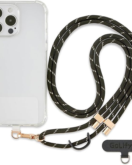 Universal Phone Lanyard, Anti-Theft Crossbody Strap for iPhone 16 Pro Max and Most Smartphone, Adjustable Cell Phone Neck Holder w/2 Non-Adhesive Tether Tab for Men and Women, Black-Gold/Gold