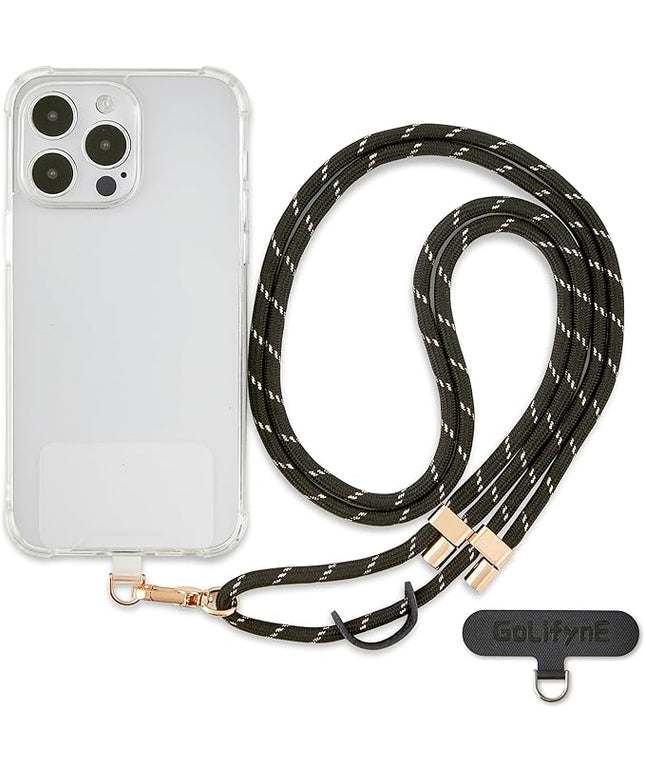 Universal Phone Lanyard, Anti-Theft Crossbody Strap for iPhone 16 Pro Max and Most Smartphone, Adjustable Cell Phone Neck Holder w/2 Non-Adhesive Tether Tab for Men and Women, Black-Gold/Gold