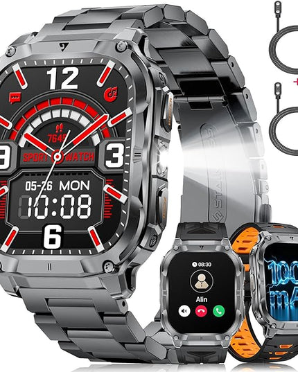 Military Smart Watch for Men(3 Bands),1000mAh/2 HD Large Screen Smartwatch, Flashlight/110+ Sports Modes, Fitness Tracker Watch for Android iOS,Black