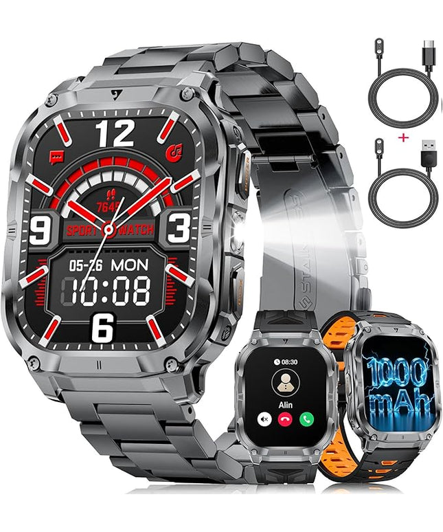 Military Smart Watch for Men(3 Bands),1000mAh/2 HD Large Screen Smartwatch, Flashlight/110+ Sports Modes, Fitness Tracker Watch for Android iOS,Black