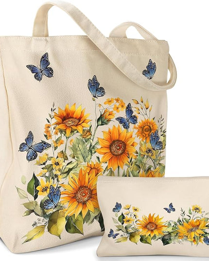 Aesthetic 2 Pack Canvas Tote Bag - with Makeup Pouch Bag for Women Reusable Grocery Bag for Gym, Travel, Work