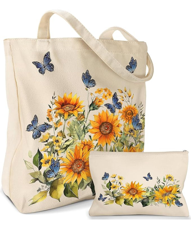Aesthetic 2 Pack Canvas Tote Bag - with Makeup Pouch Bag for Women Reusable Grocery Bag for Gym, Travel, Work