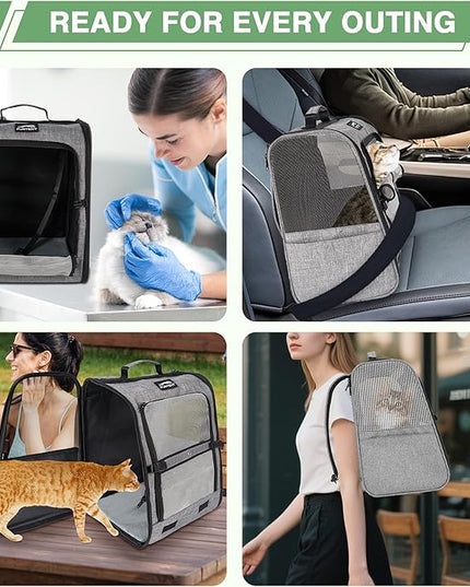 Pet Backpack Carrier for Small Dogs and Cats, Comfortable Portable Cat Bag for Travel Use with Ventilated Mesh, Safety Strap, and Easy-Clean Waterproof Fabric, Grey