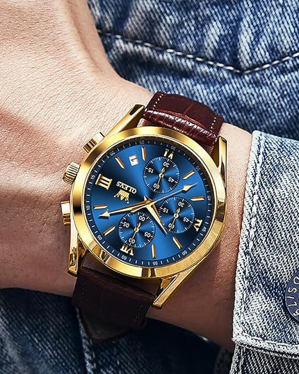 OLEVS Men's Chronograph Leather Watch, Big Face Easy to Read Analog Quartz Dress Watch, Casual Waterproof Luminous Hands Date Watches for Men, White/Blue/Black/Gold Dial