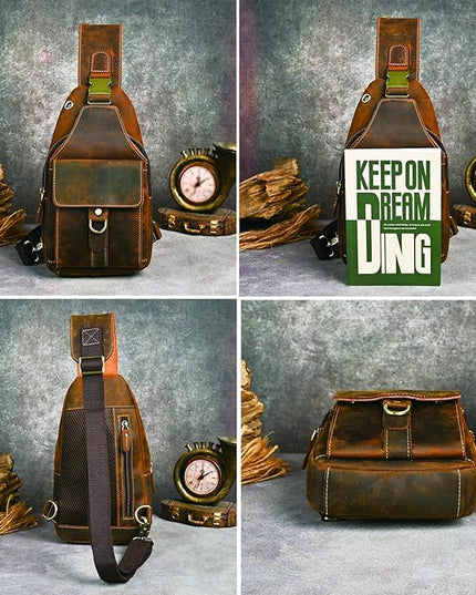 Genuine Leather Hiking Travel DayPack Sling Crossbody Triangle Chest Pack Bag For Men Women 8241