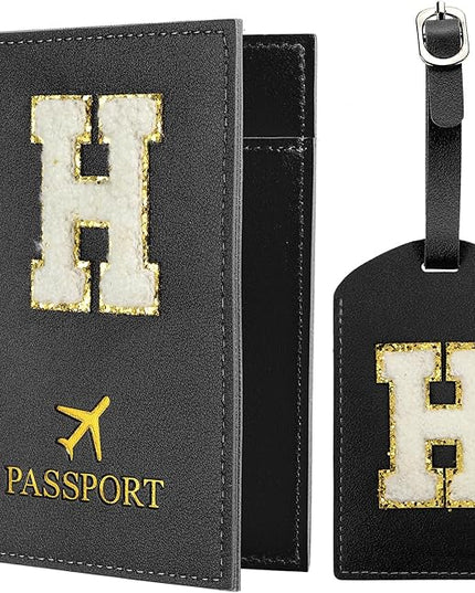 PATIKIL Passport Holder for Travel, Initial Passport Cover and Luggage Tag Set with Alphabet Chenille Letter Patch Travel Wallet Bag Suitcase Identifier for Women Family Travel Black H