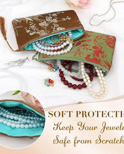 kilofly 2 pc Chinese Silk Brocade Padded Tassel Zipper Jewelry Bag Gift Pouch set2 D