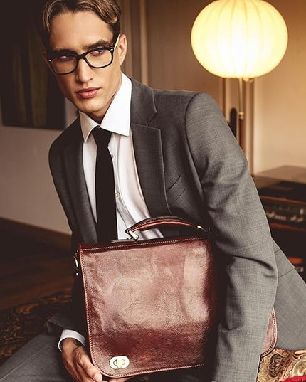 Time Resistance Leather Briefcase for Men - Italian Full Grain Leather Laptop Bag - Messenger Bag - Gift Box Included