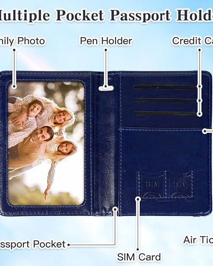 Passport Holder for Travel, RFID Blocking Passport Cover with Pen Holder Leather Passport Wallet Case Travel Must Haves Accessories Passport Book Card Holder for Family Travel Essentials, Dark Blue