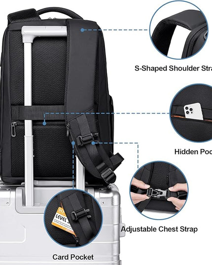 FENRUIEN Business Backpack for Men,Water Resistant Tech Backpack with Charger,Black Laptop Backpack 15.6 Inch