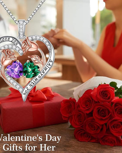 Iefil Christmas Gifts for Women Wife - 925 Sterling Silver Rose Heart Birthstone Necklace Birthday Anniversary Jewelry Gifts for Her Wife Mom Daughter