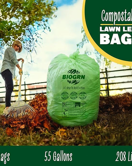 50-55 Gallon Compostable Trash Bags Flat-Top 12 Bags Heavy Duty 1.57 Mil 208.2 Liter Large Lawn and Yard Waste Bag Compost for Outdoor Garden ASTM D6400, US BPI and OK Compost Home Certified