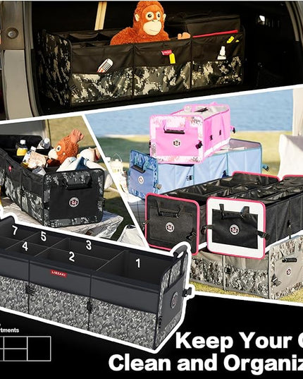 LIBZAKI Car Trunk Organizer,3 Compartments Big Trunk Storage, Large Capacity, Foldable, 95L Heavy Duty Storage Box for Car, SUV, Truck,Jeep, Includes 26L Cooler Bag-Black Camouflage