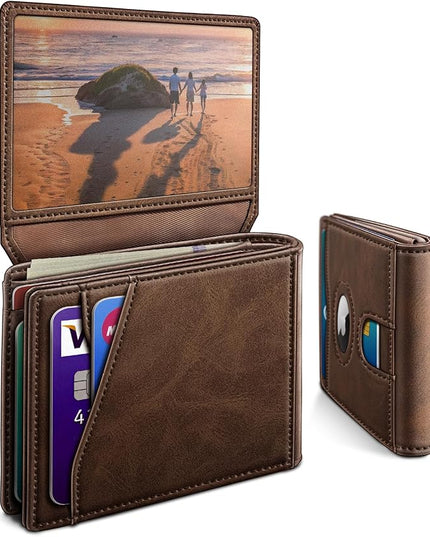 miyozi Airtag Wallet for Men,with Cash Pocket 2 ID Window 13 Cards,Slim Leather Wallet Front Pocket Card Holder RFID Blocking with Gift Box