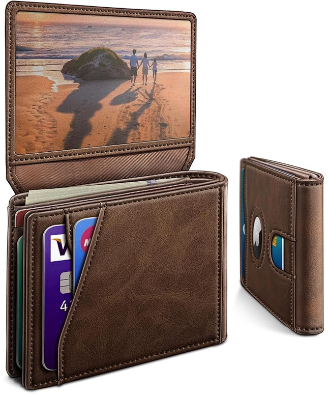 miyozi Airtag Wallet for Men,with Cash Pocket 2 ID Window 13 Cards,Slim Leather Wallet Front Pocket Card Holder RFID Blocking with Gift Box