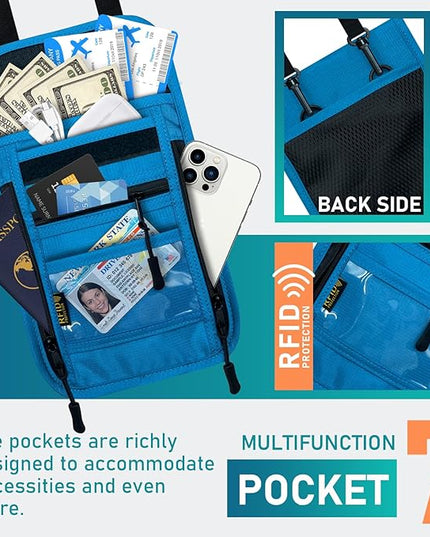 sundee Travel Neck Wallet with Double Zippers, RFID Blocking Passport Holder with Adjustable Neck Strap for Men and Women to Keep Cash, Credit Cards and Travel Documents Safe - Lake Blue