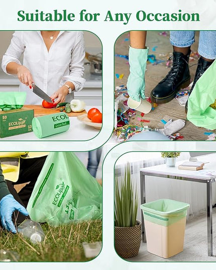 ECOLipak 13 Gallon Compostable Trash Garbage Bags, 50 Count (1 Roll) Biodegradable Heavy Duty Bathroom Kitchen Trash Bags for Home/Office, US BPI ASTM D6400 and OK Compost Home Certified