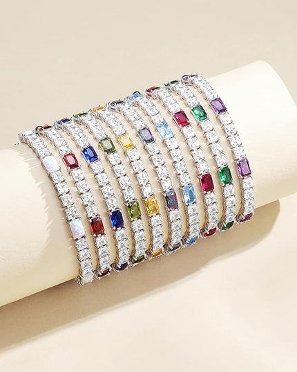 FANCIME Birthstone Bracelet for Women, Sterling Silver 4x6mm Gemstone Tennis Bracelet Bolo Adjustable Chain Fine Jewelry Birthday Gifts for Women Mom Wife Her