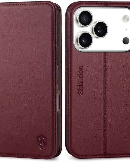 SHIELDON Genuine Leather Case Wallet for iPhone 17 Pro 5G 6.3" | RFID Blocking Credit Card Holder | Magnetic Closure | Folio Cover | Kickstand | TPU Soft Phone Shell 2025 | Wine Red
